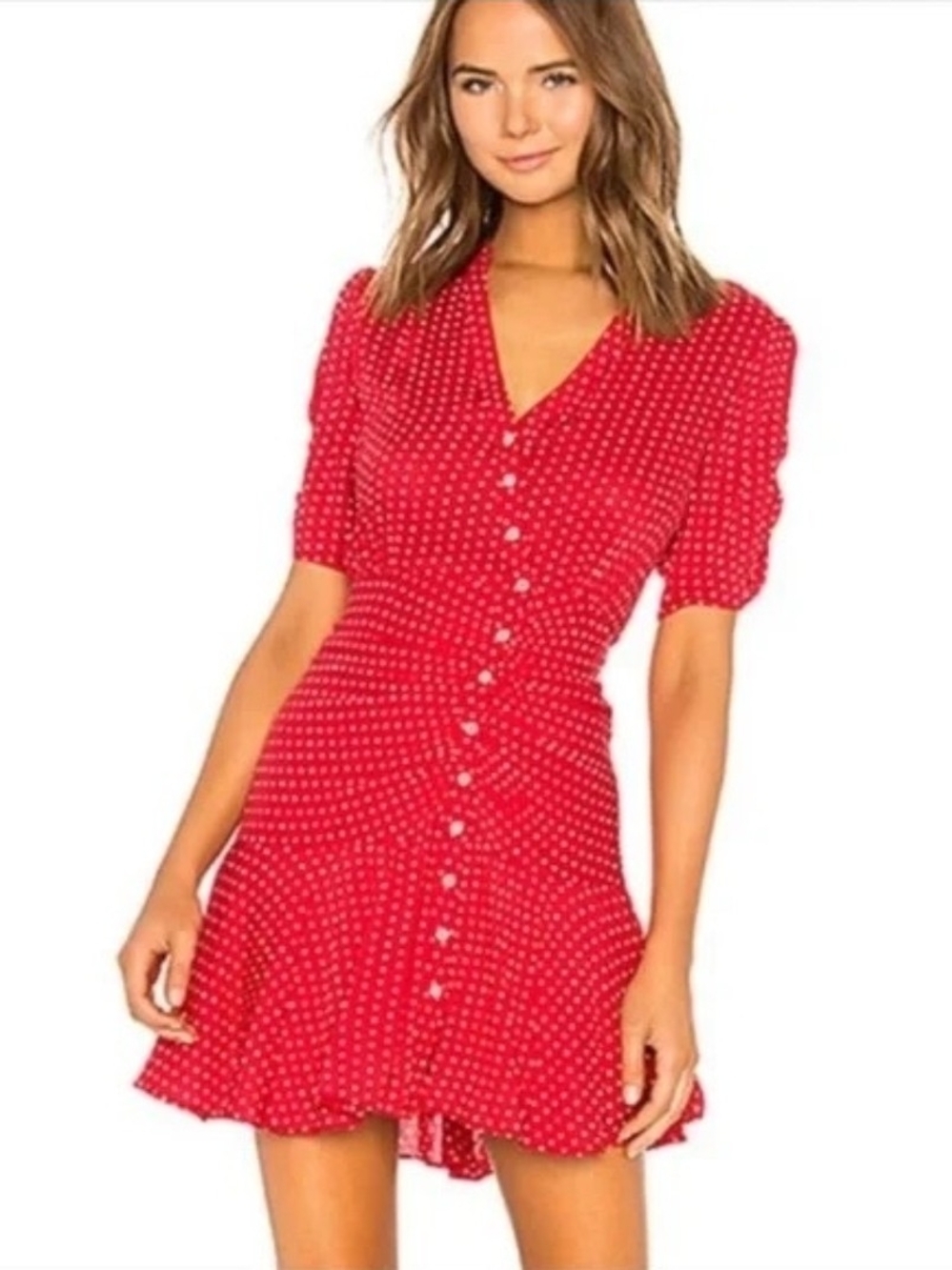 Free People Pippa Red Polka Dot Button-Front Mini Dress